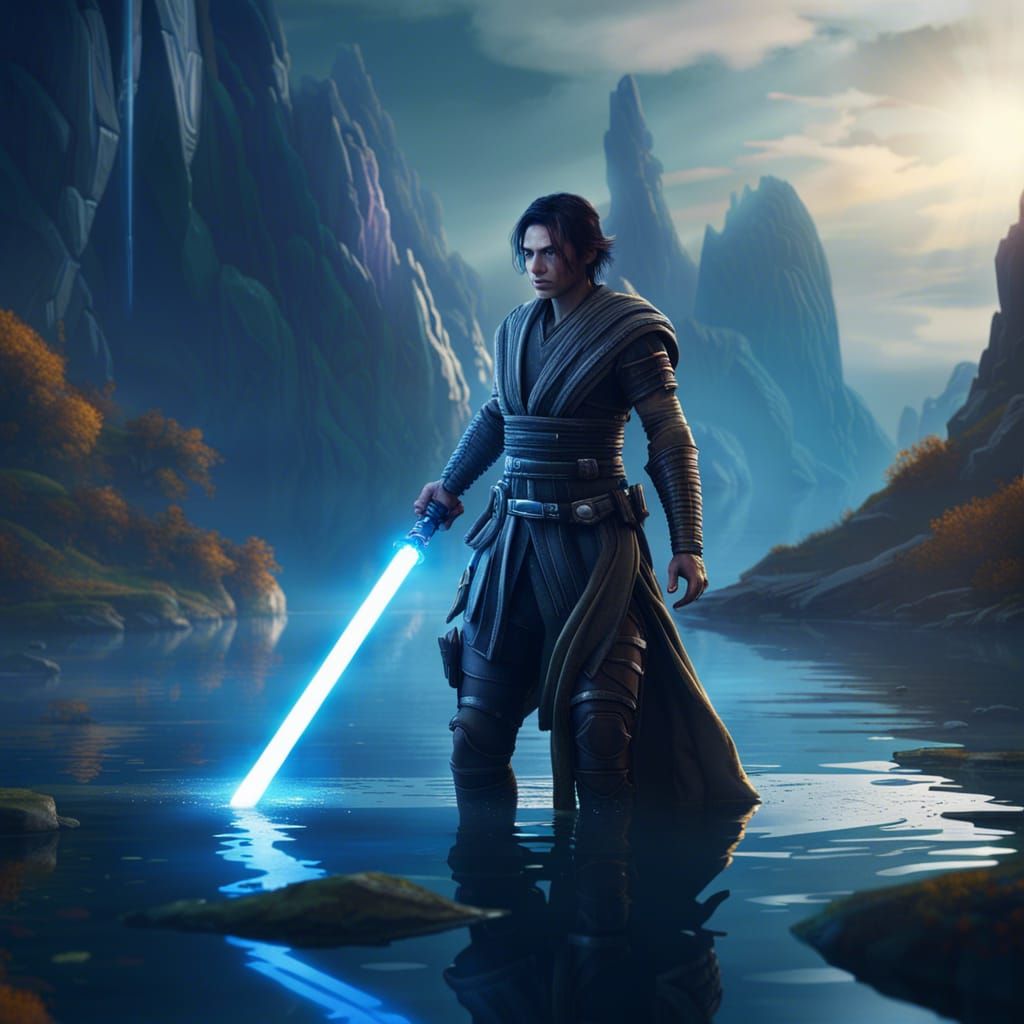 jedi knight holding a light saber in middle of lake - AI Generated ...