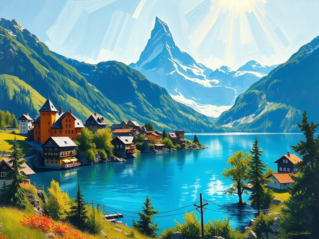 View of quaint village by a vivid blue lake in the Swiss Alps with a view of the Matterhorn in the background ...  by @weryy80
