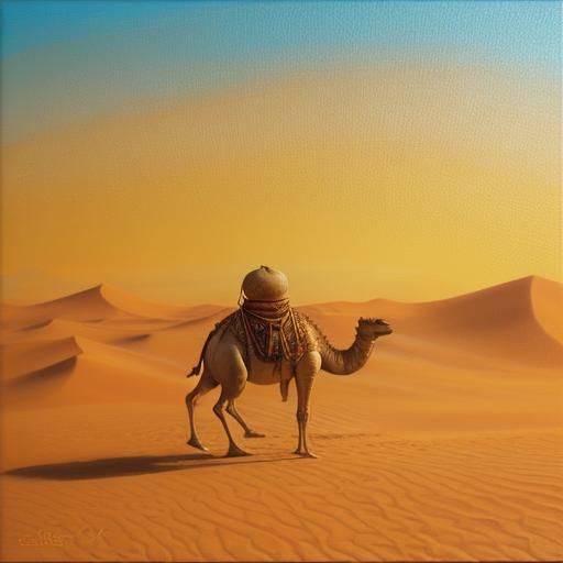 A camel walking across the desert sands.  Close up.The sand is flat and stretches out as far as the eye can see. sunshine rays sunny 