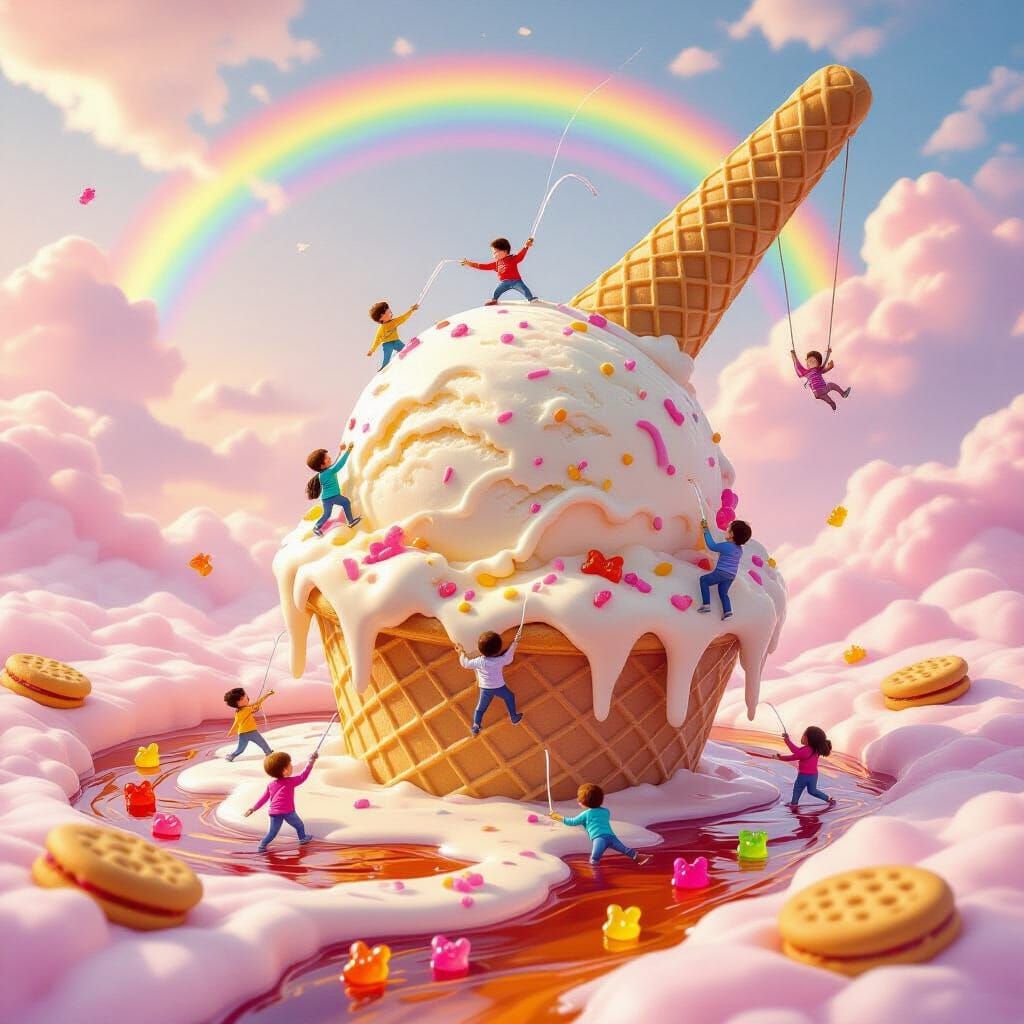 Tiny People Explore Melting Ice Cream World Under Candy Rain...
