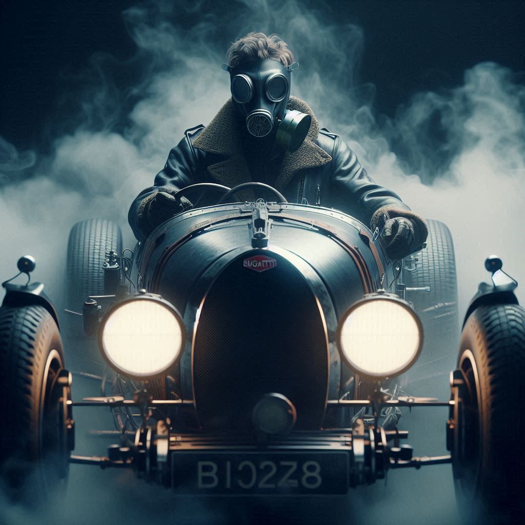 A man driving a vintage Bugatti