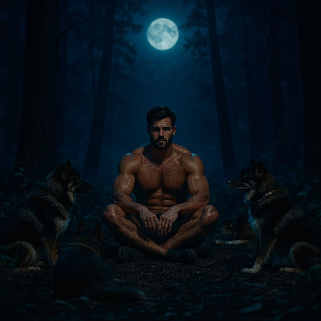 i want you to create an image of a man seating in the woods with wild dogs, the man should be fit and tall