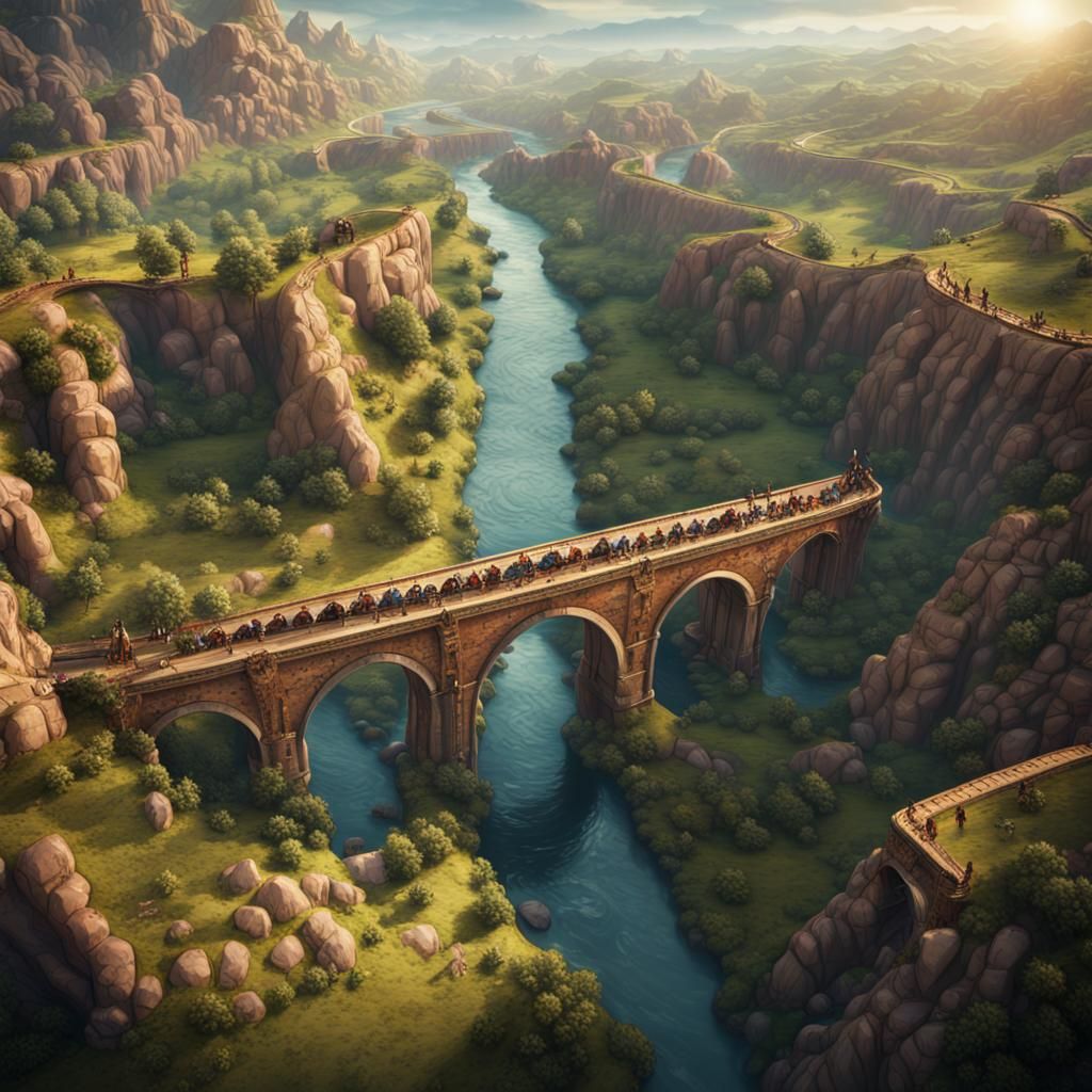 Poster art, stylised, very high angle view of an aqueduct cr...