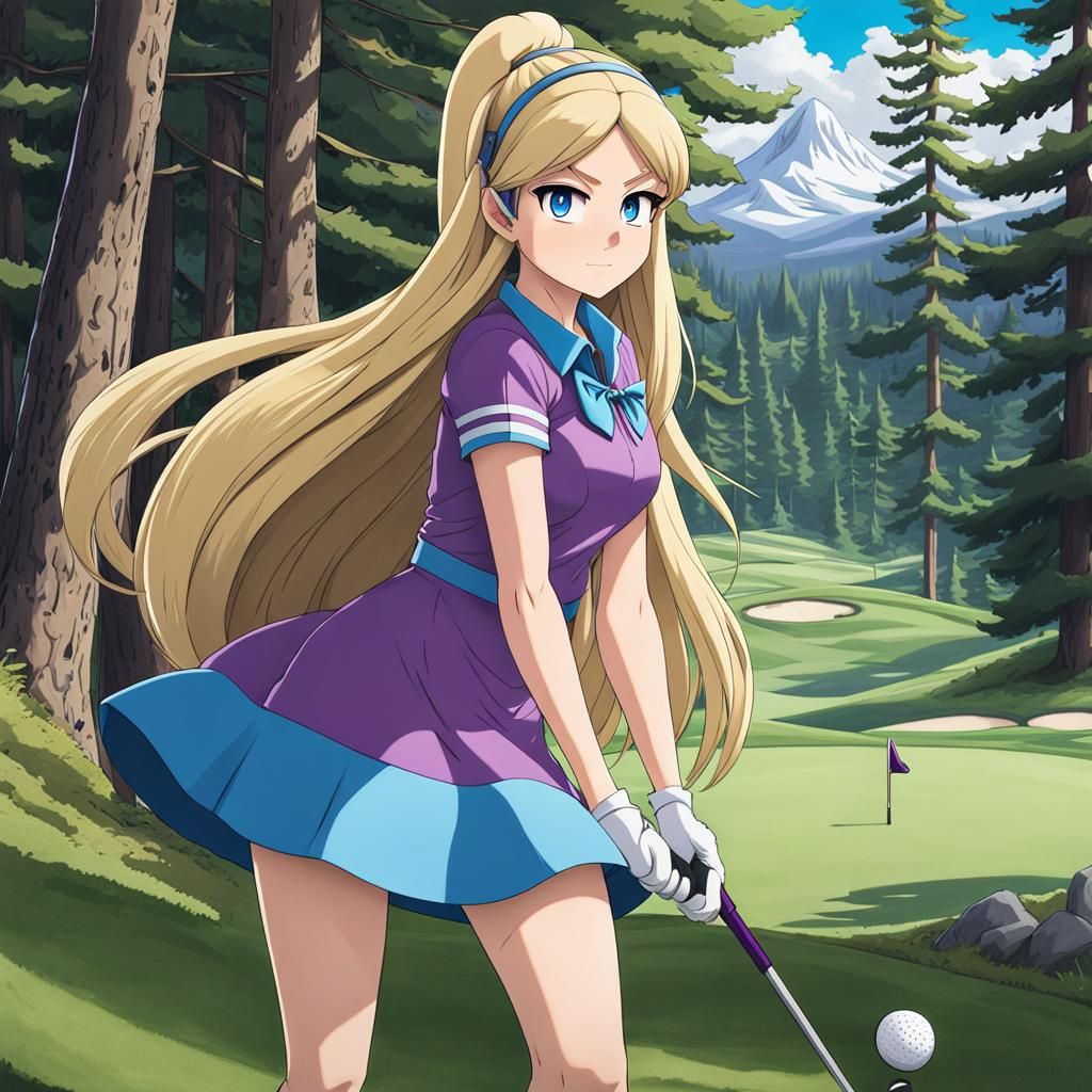 Pacifica Northwest from Gravity falls, long blonde hair, gray earrungs,  purple dress, blue eyes, playing golf - AI Generated Artwork - NightCafe  Creator