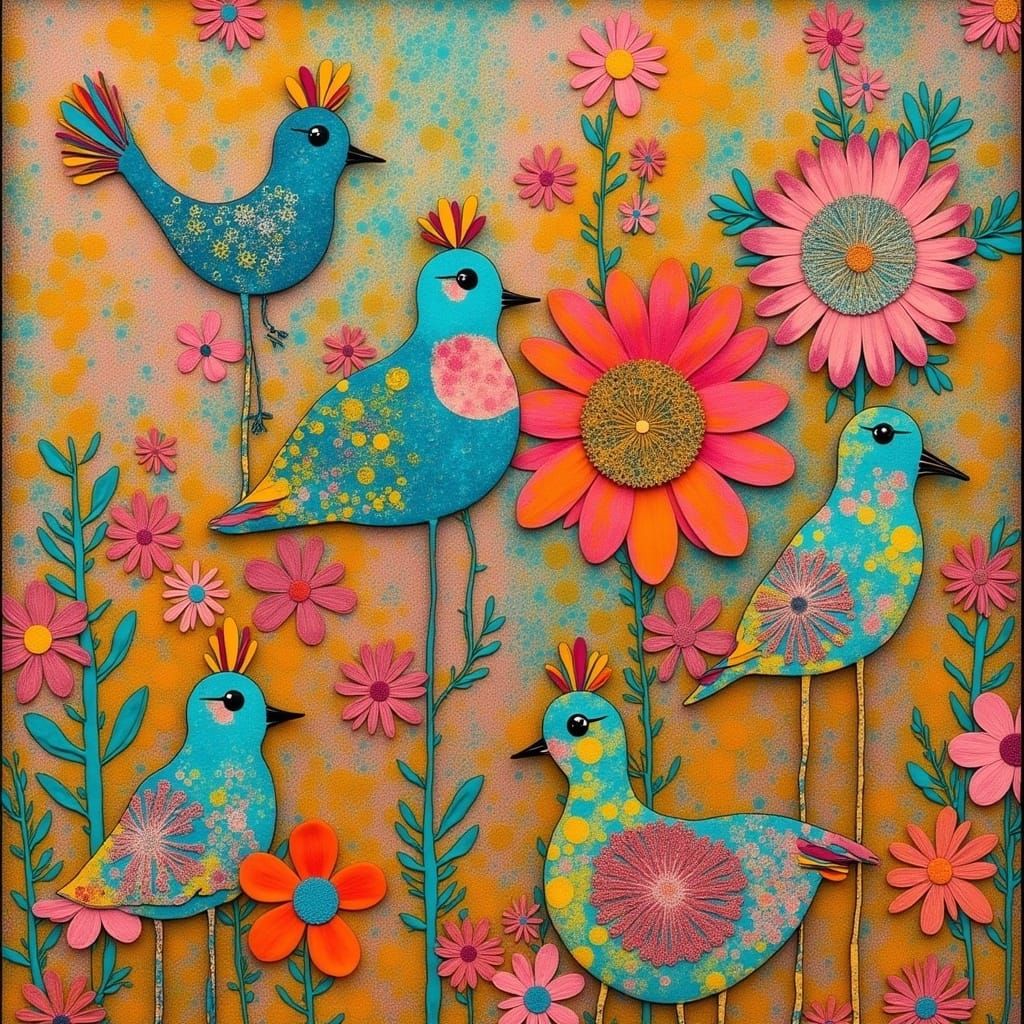 <lora:Gelliprint:1.0> A vibrant and whimsical mixed media artwork featuring colorful birds as the main subject, created in the eclectic styl...