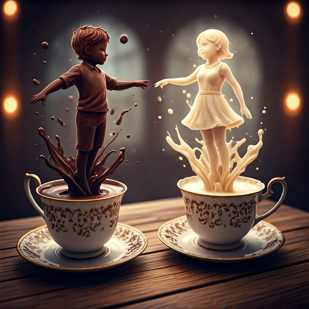there are two saucers on the table, in one saucer there is hot black chocolate in the form of a boy's ...  by @Barabashka