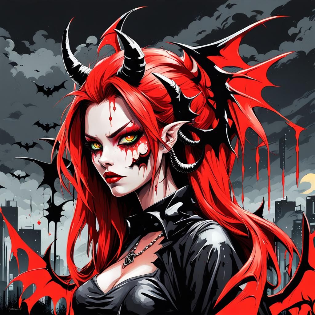 Devil Girl With Spiked Collar Around Neck Pretty Red Eyes Long Red