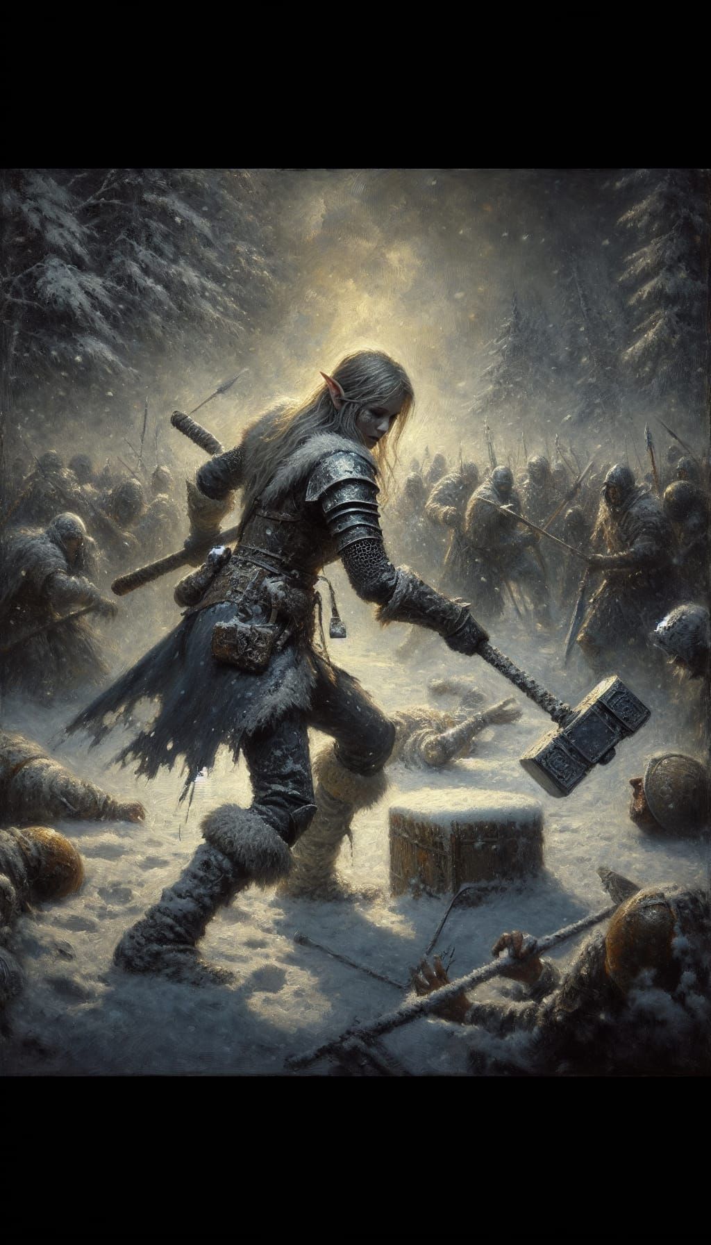 Tenebrism Winter Battlefield: Elf Warrior in Medieval Armor