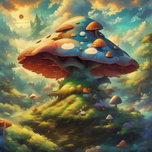 <lora:Spirit World:1.0> Gigantic toad wearing one large mushroom as a hat