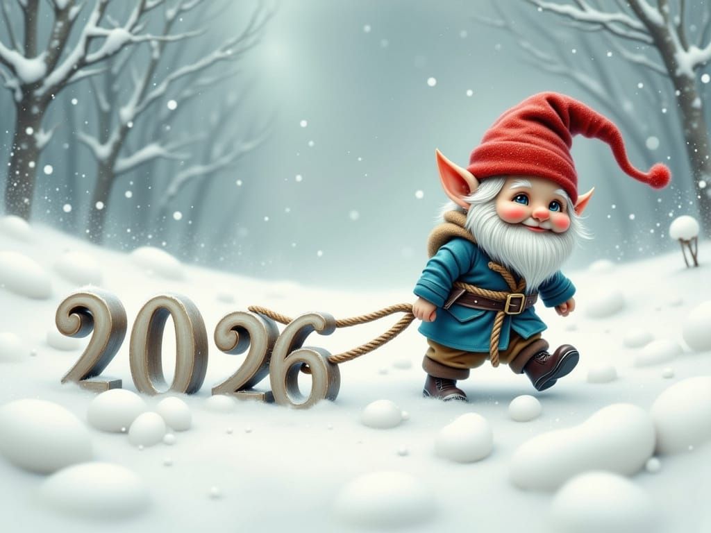 Determined Gnome Pulls Heavy 2026 Through Snowy Landscape