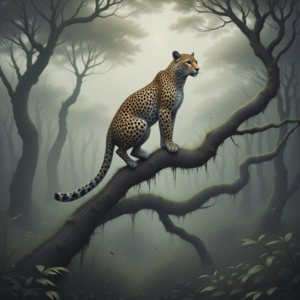 The leopard calls out in the mist for a mate from a branch on the savannah. <lora:Echoes of the Night:1.0> 