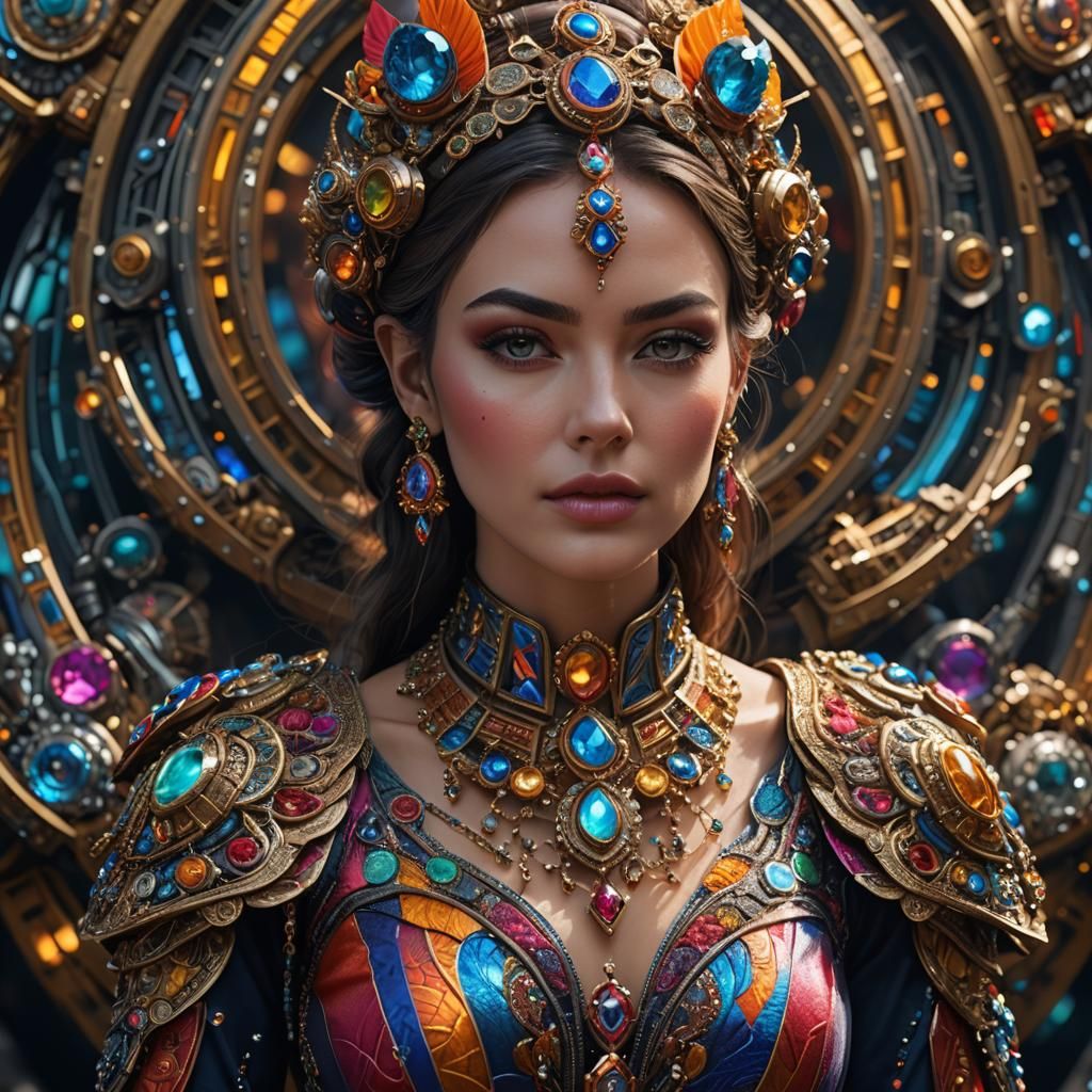 Hyperrealistic portrait of a beautiful woman wearing intricately detailed colorful clothing and futuristic jewellery.