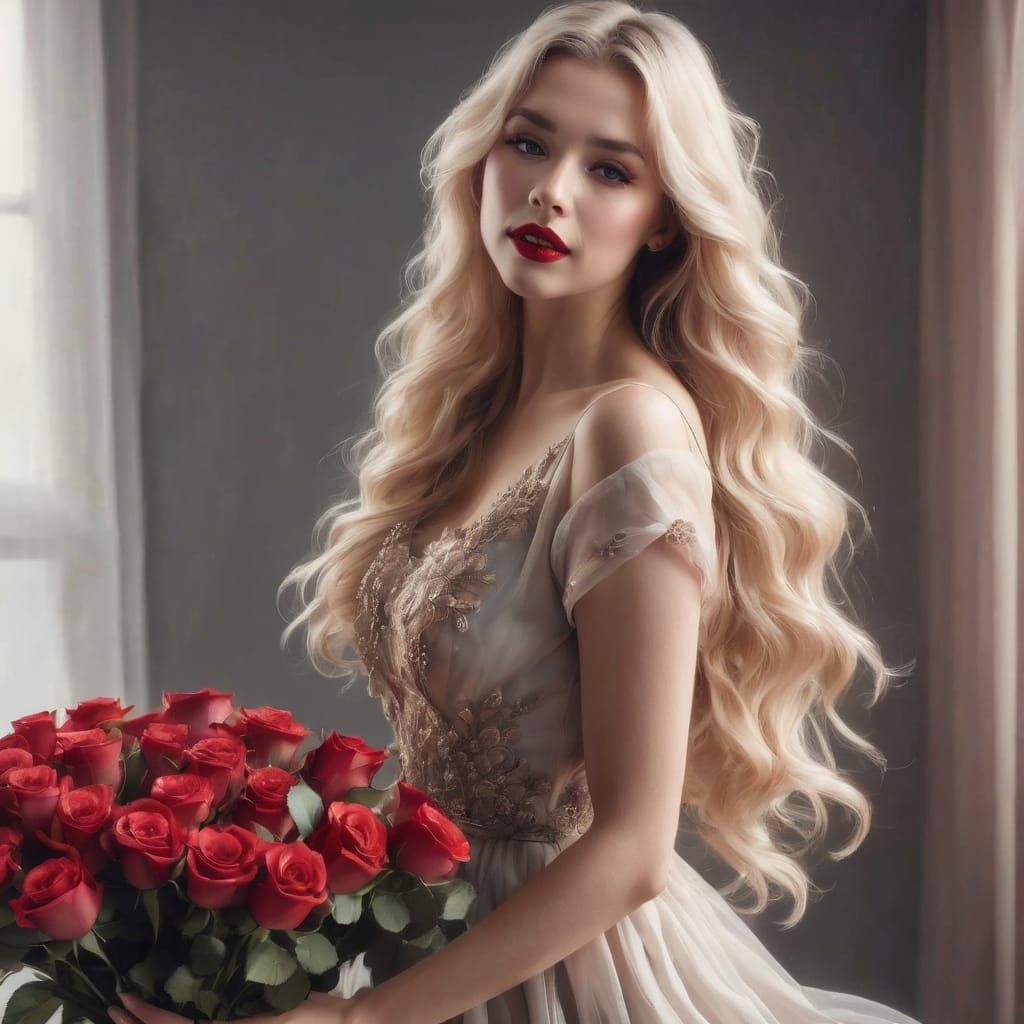 an attractive and elegant woman with long blonde hair and red lipstick, and a bunch of roses in her hand