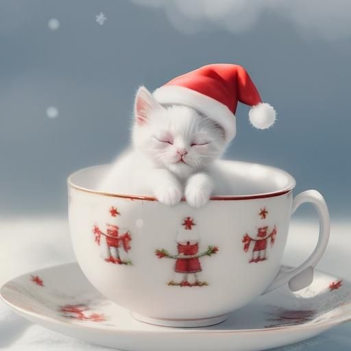 Cute Kitten sleeping in a teacup (series, Christmas edition) - AI ...