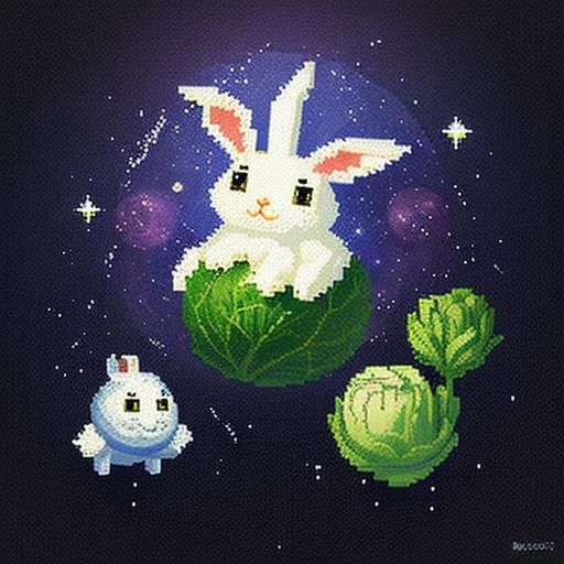 Pixelated rabbit and pixelated cabbage in outer space 
Pixel...