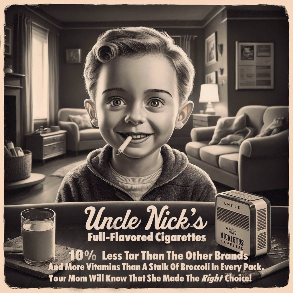 Second ad for "Uncle Nick's Cigarettes For Children", and su...