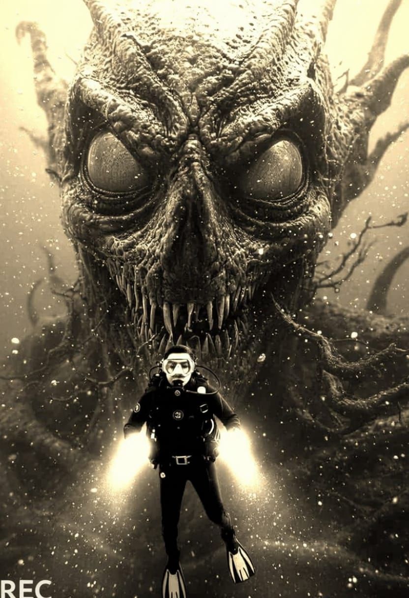 Scary Vintage Black and white style thalassophobia horror im...