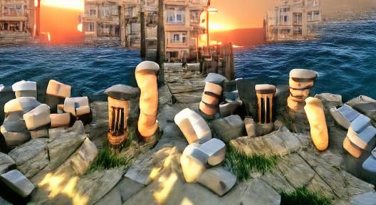 Sea side town, stone pillars, beautiful sunset, shipwreck, U...
