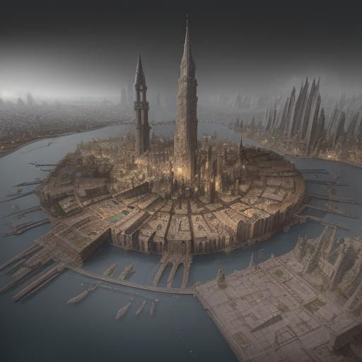 Impressionism, a seaside fantasy city, sinister, dark