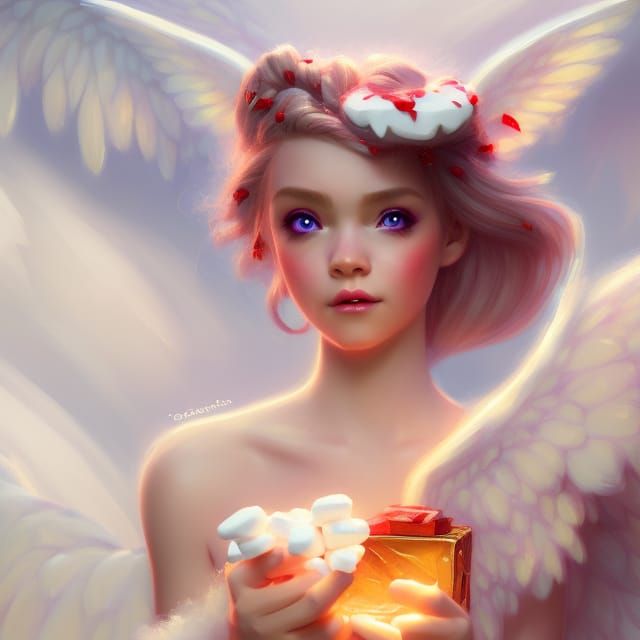 Pretty white marshmallow candy fae with wings holding a cand...