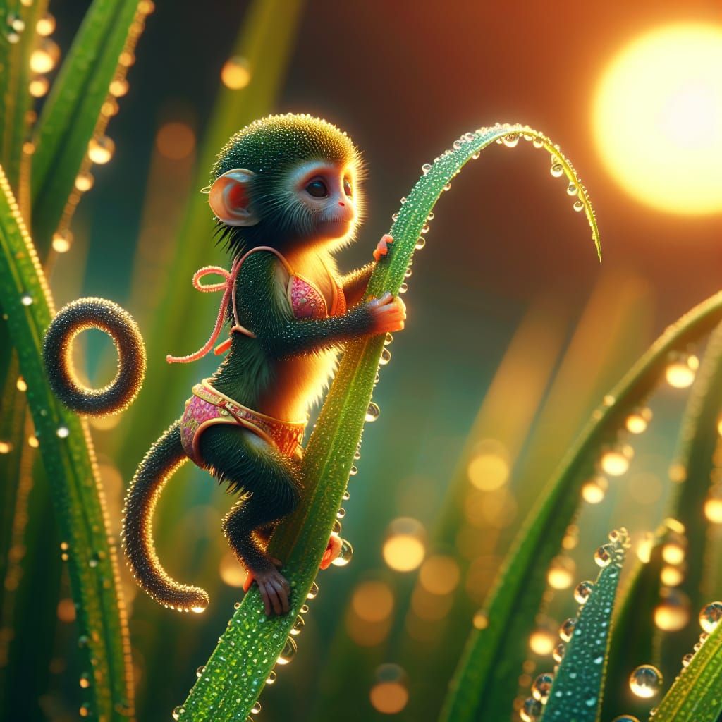 a surreal image of a miniature monkey wearing a bikini sitti...