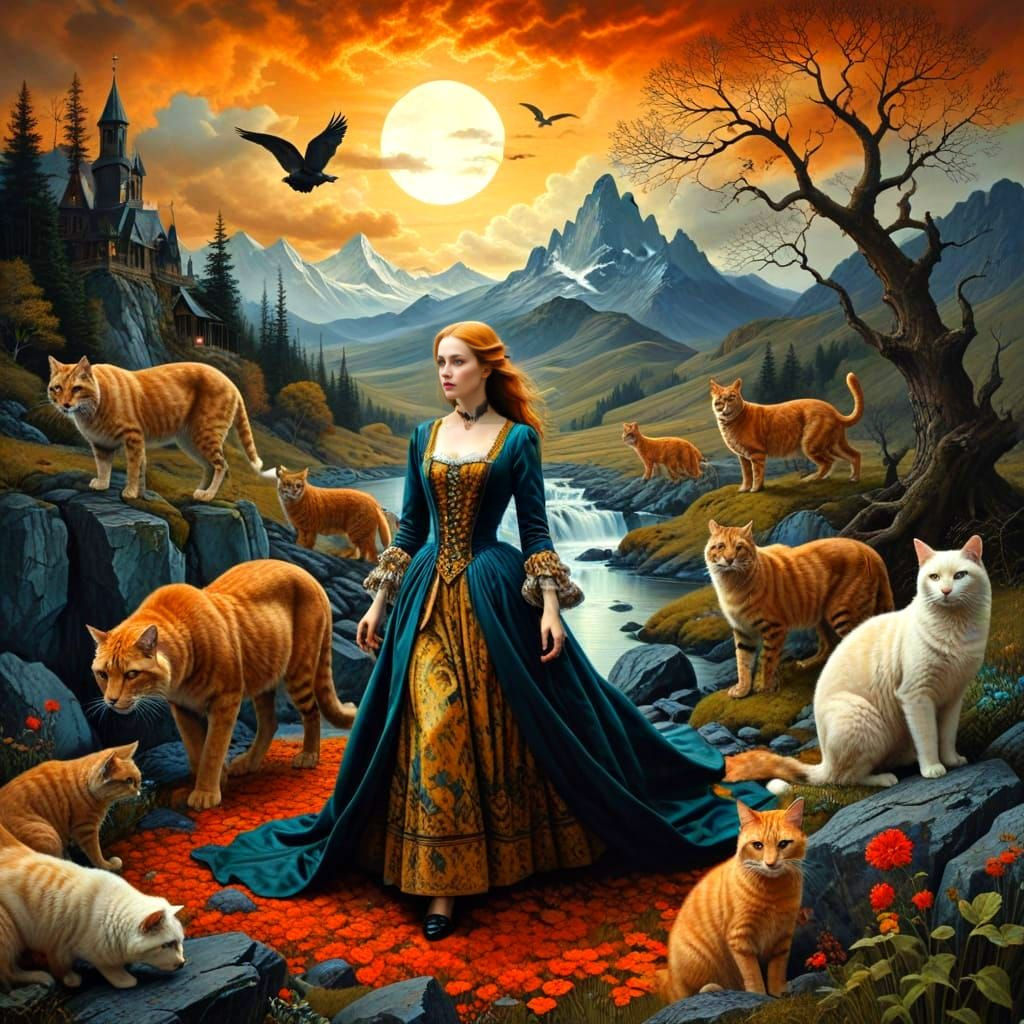 Surreal Portrait of Woman with Giant Cats