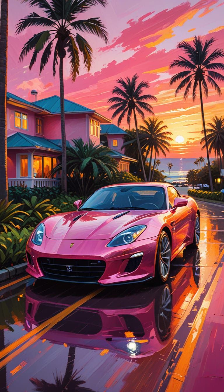 Impressionistic Sunset Sports Car on Palm Boulevard