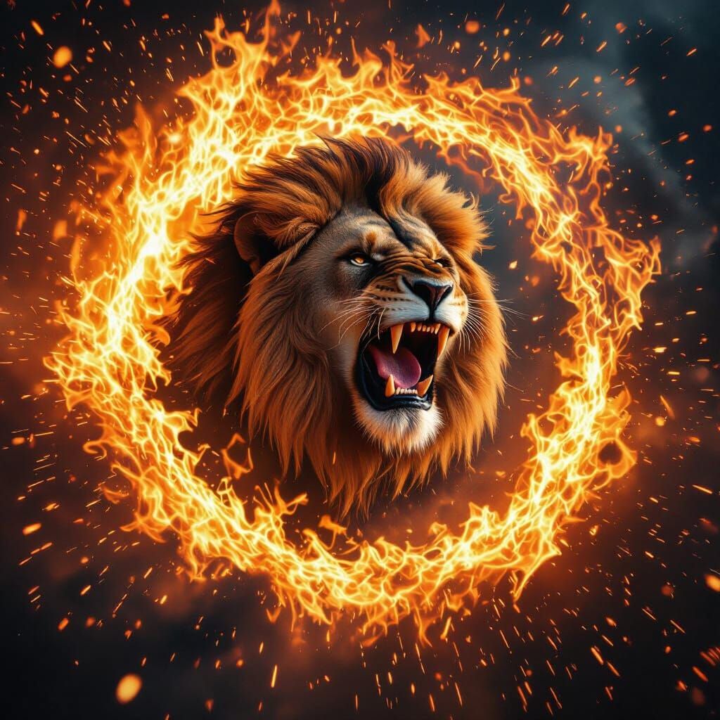Lion Roaring in Fiery Vortex