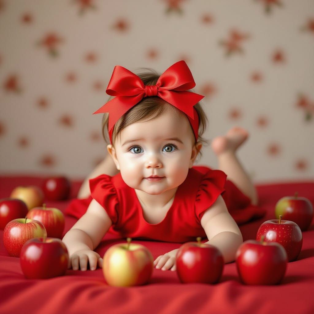 Baby Girl on Red Bed with Scattered Apples