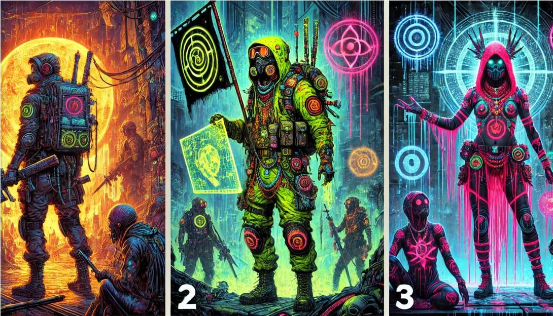 Triptih "Eldritch Explorer," "Vivid Rebel Leader," and "Tech...