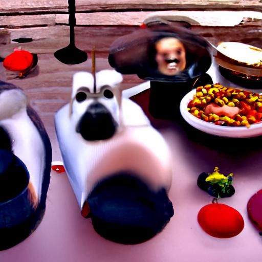 Dogs running across a table of food
