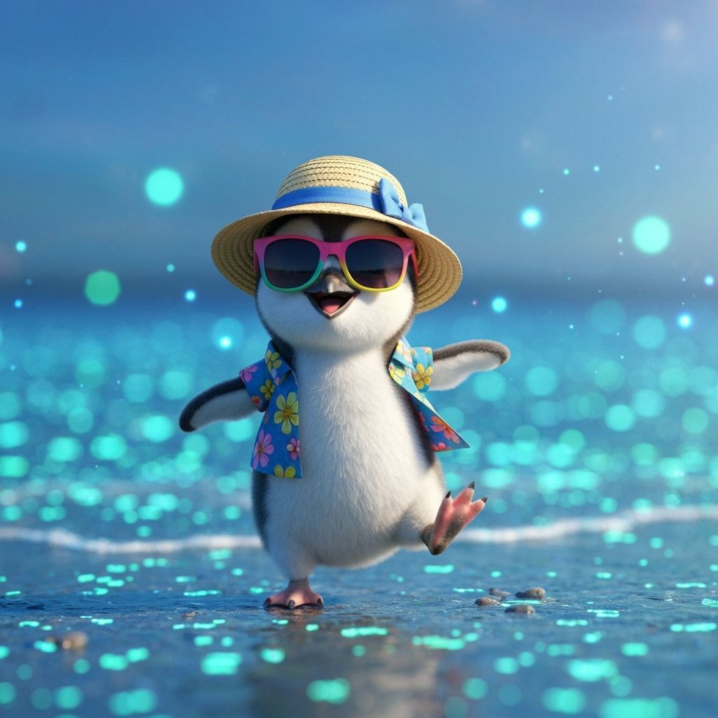 Baby Penguin Dancing on Iridescent Beach