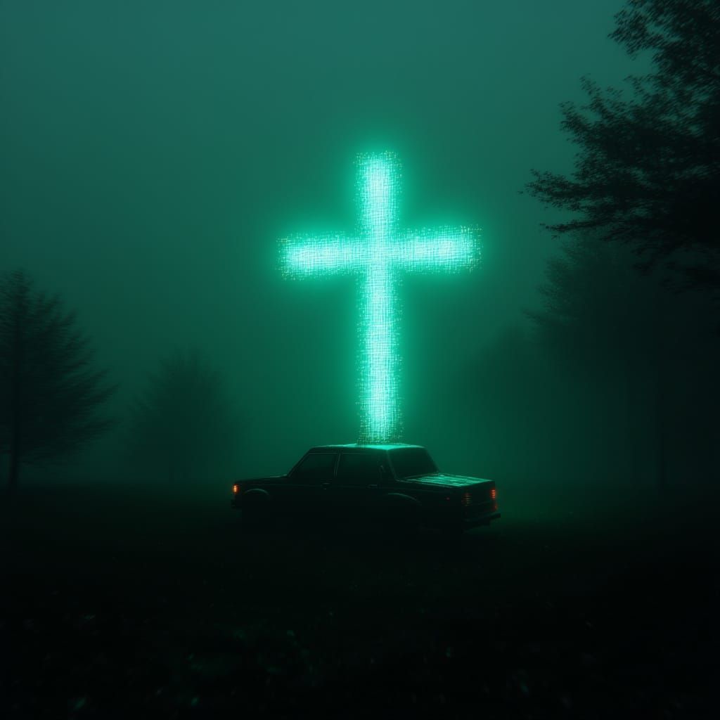  <lora:GlitchFlux MJ6-1:1.3> A car in the foggy grass with an illuminated neon cross behind it, a teal and black color scheme, a dark cinema...