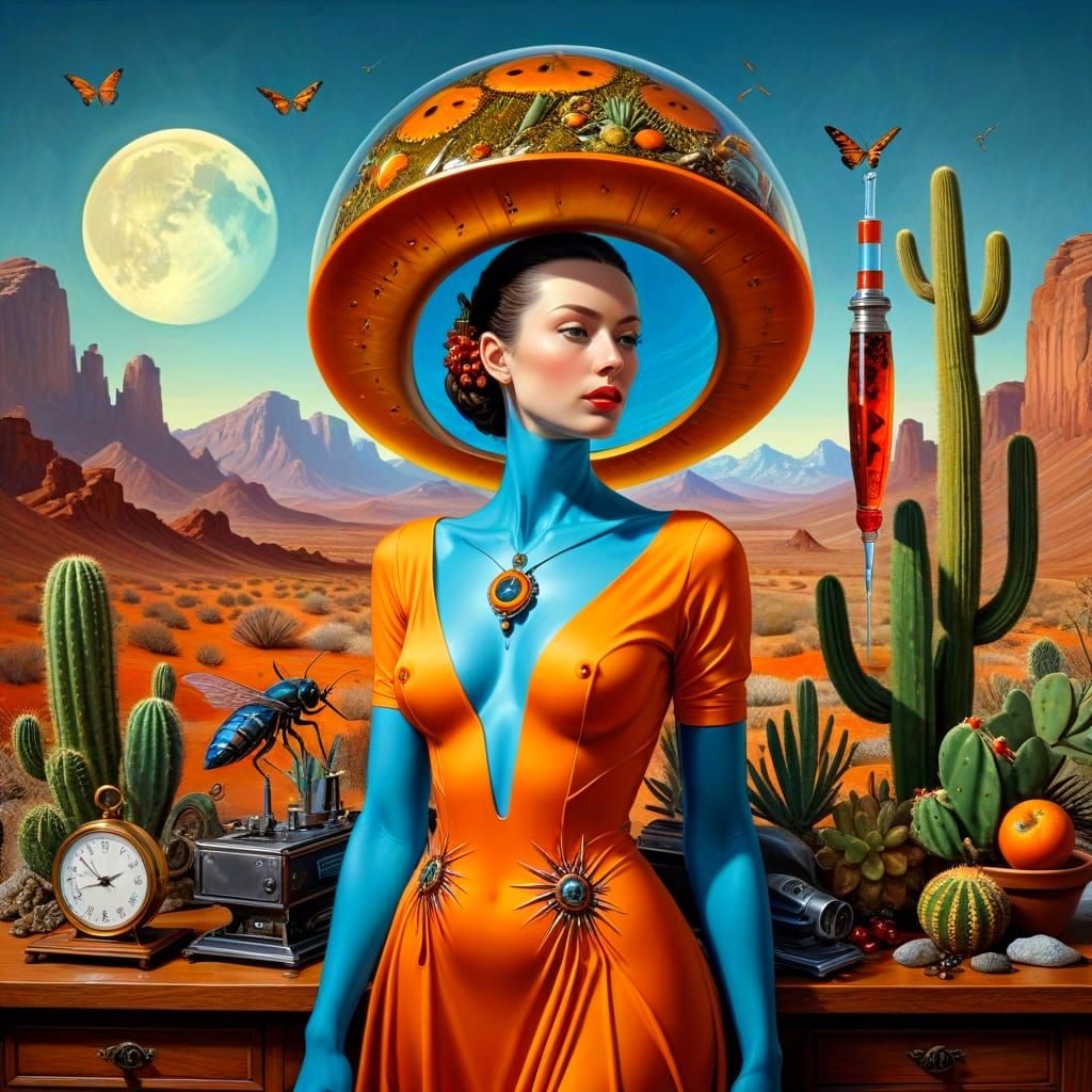 Surrealistic Lady in Amber Scene with Steampunk Elements