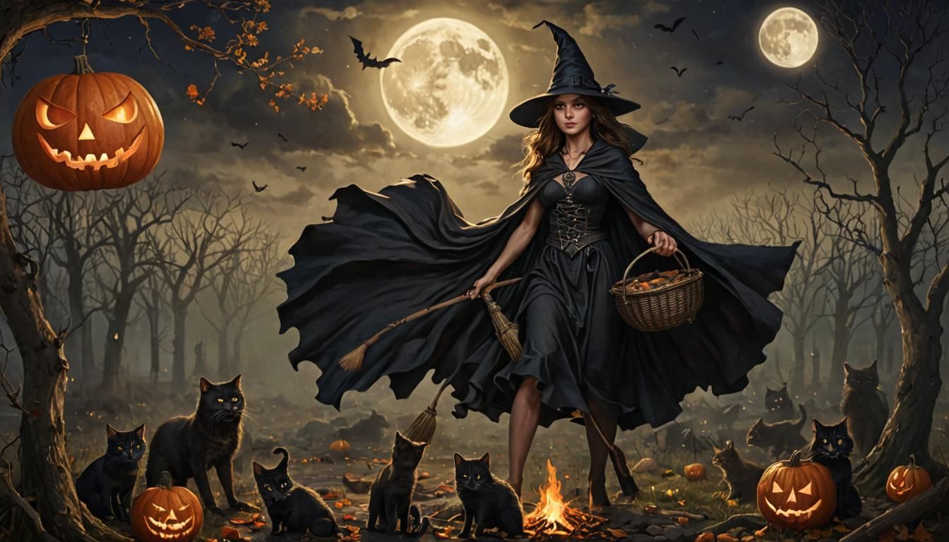 Three Moons Witch of Hallow'd Samhain Eve AI Generated Artwork