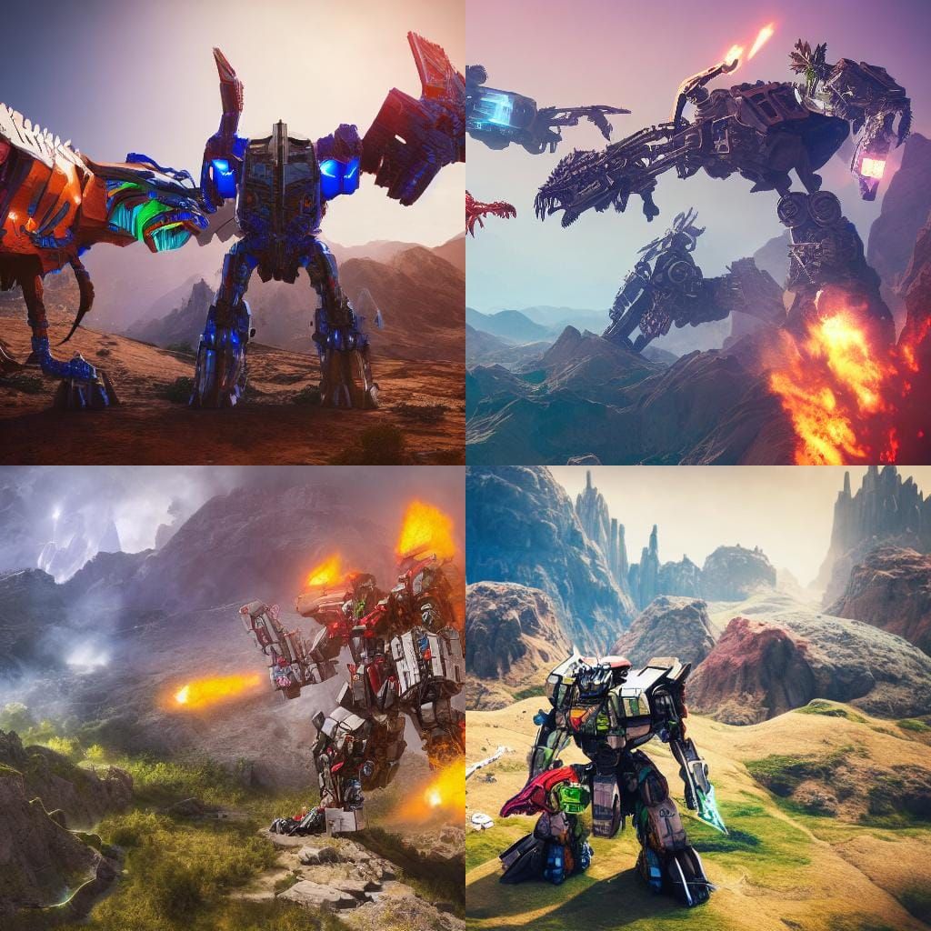 colorful transformers fighting dinosaurs off in mountains. AI