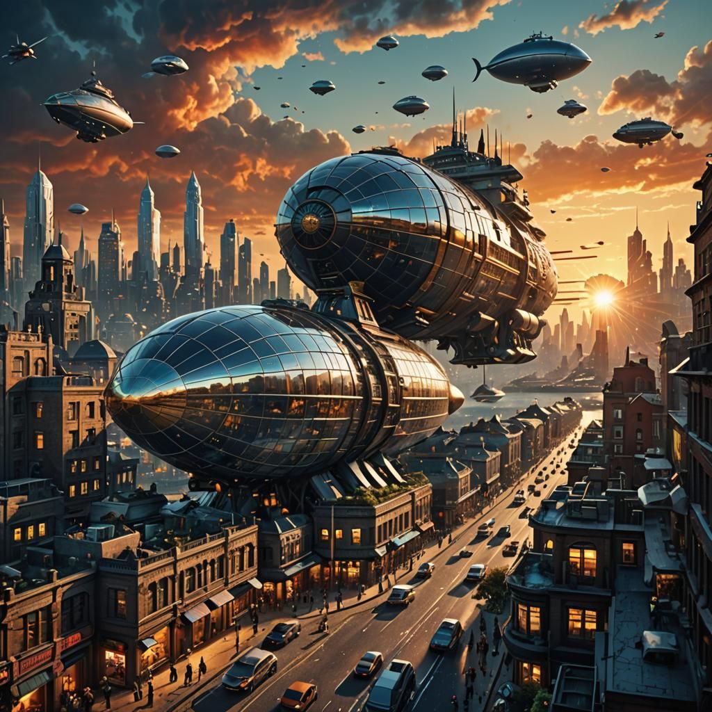 Decopunk, Atompunk city, sunset, landscape shot, shiny windo...