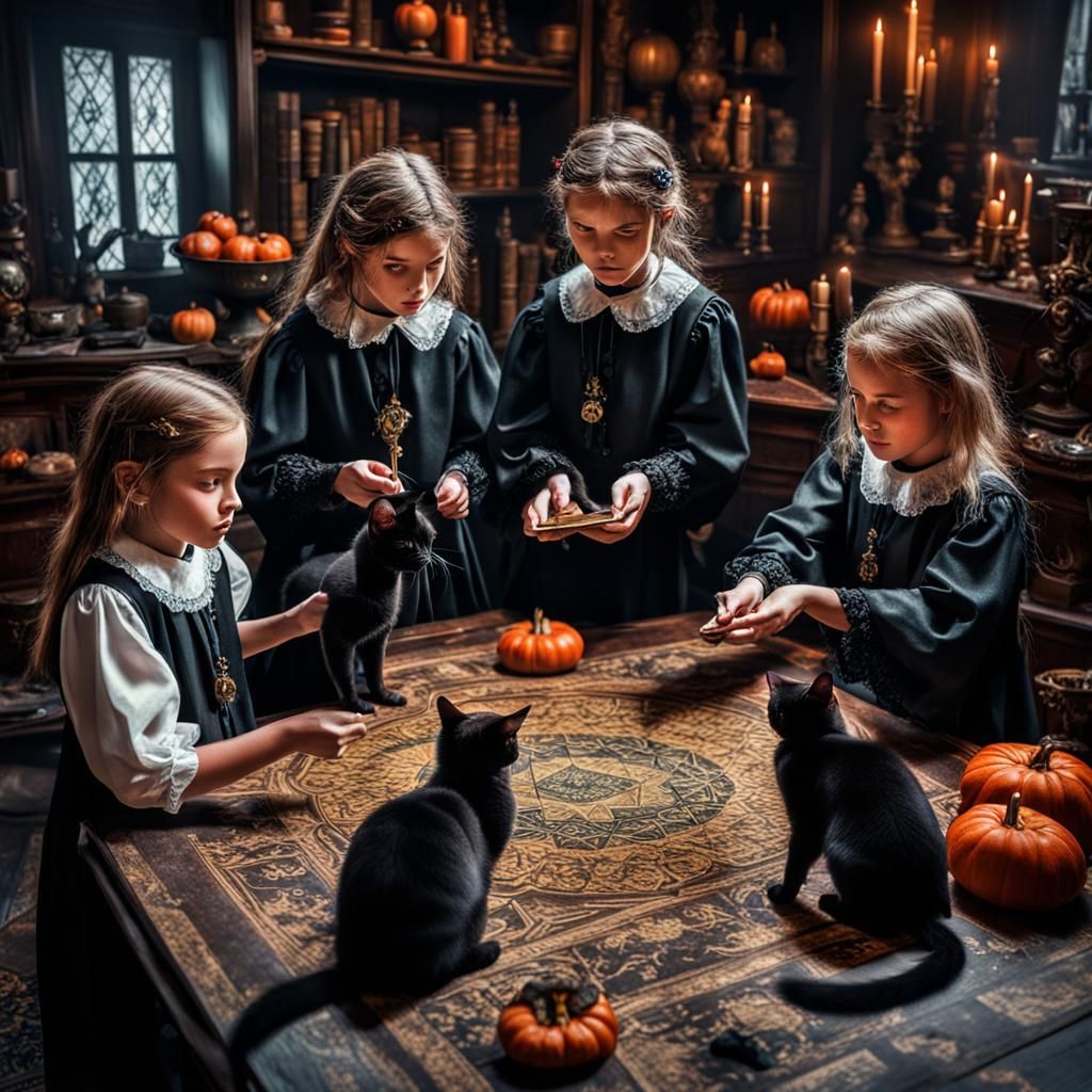 Young witches conjuring little black cats at a young witches academy ...