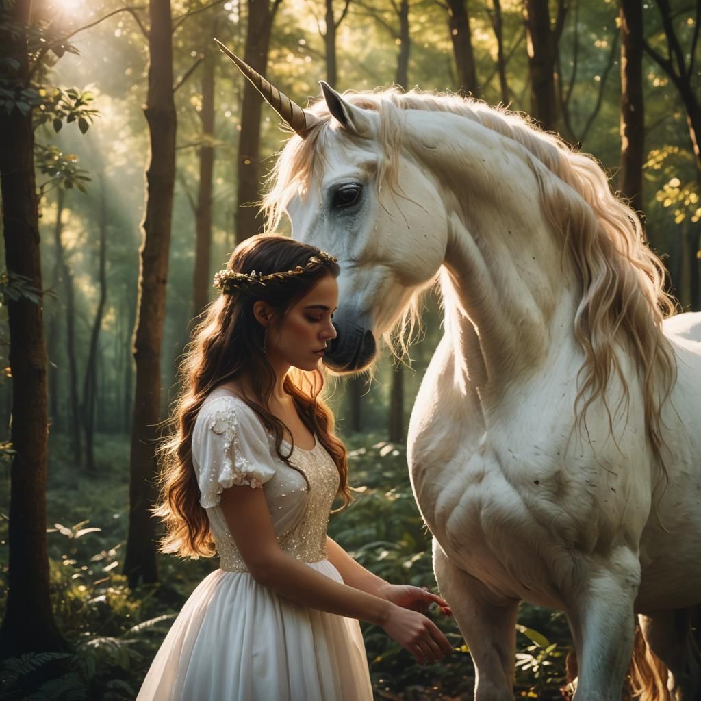 Girl Petting a Unicorn in a Lush Forest, Cinematic Film Styl...