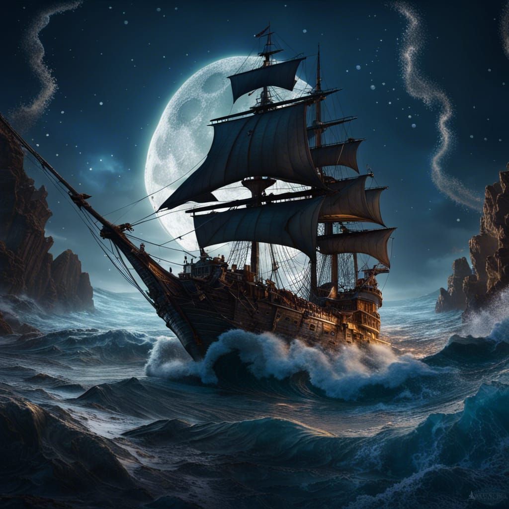 hyperdetailed corsair, waves, moon, photorealistic