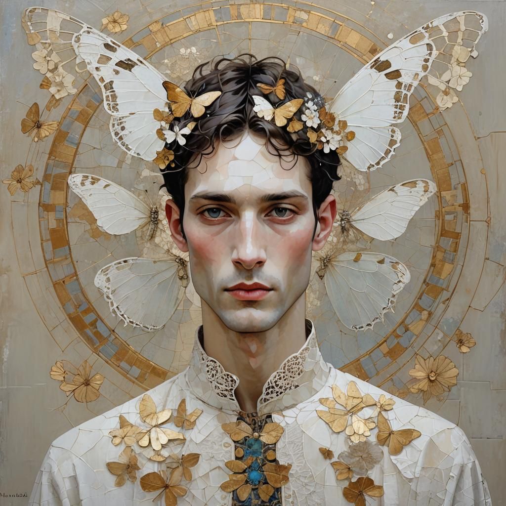 Richard Burlet; Minimalist, celestial young man with butterf...