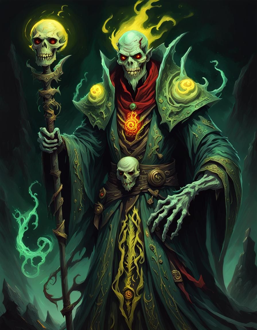 A smiling majestic gaunt rotting undead lich wizard with a l...