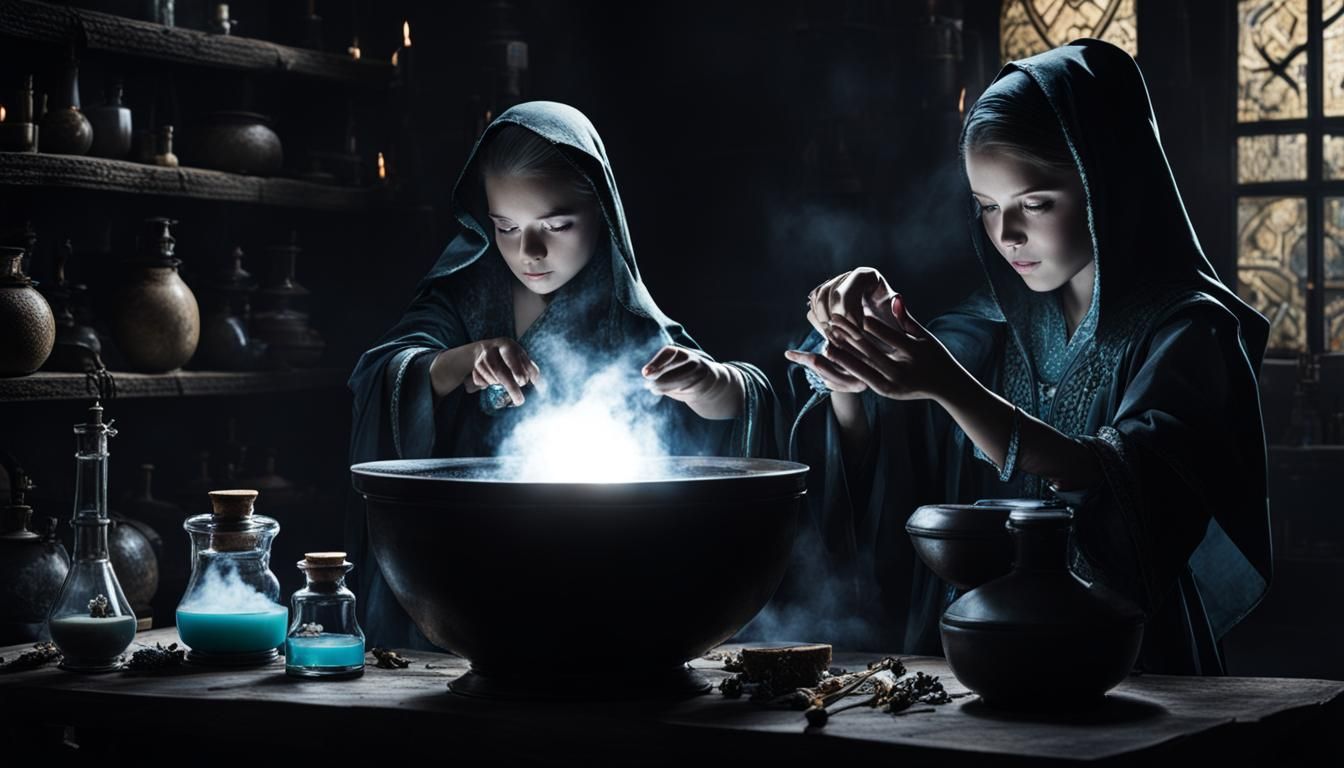 Sorceress and her young apprentice creating a magical potion...