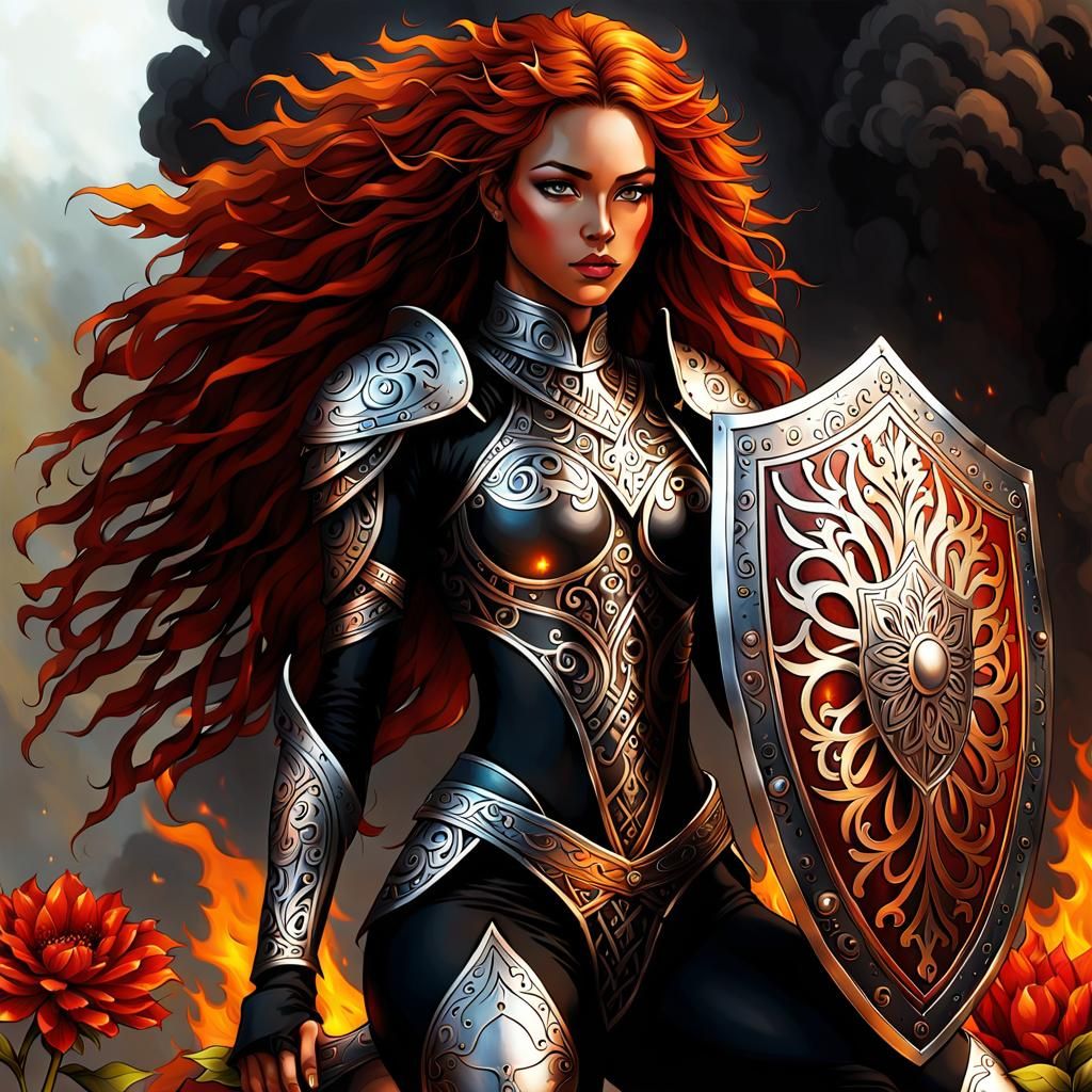 Girl warrior, she wears a black , form fitting bodysuit, her eye color ...