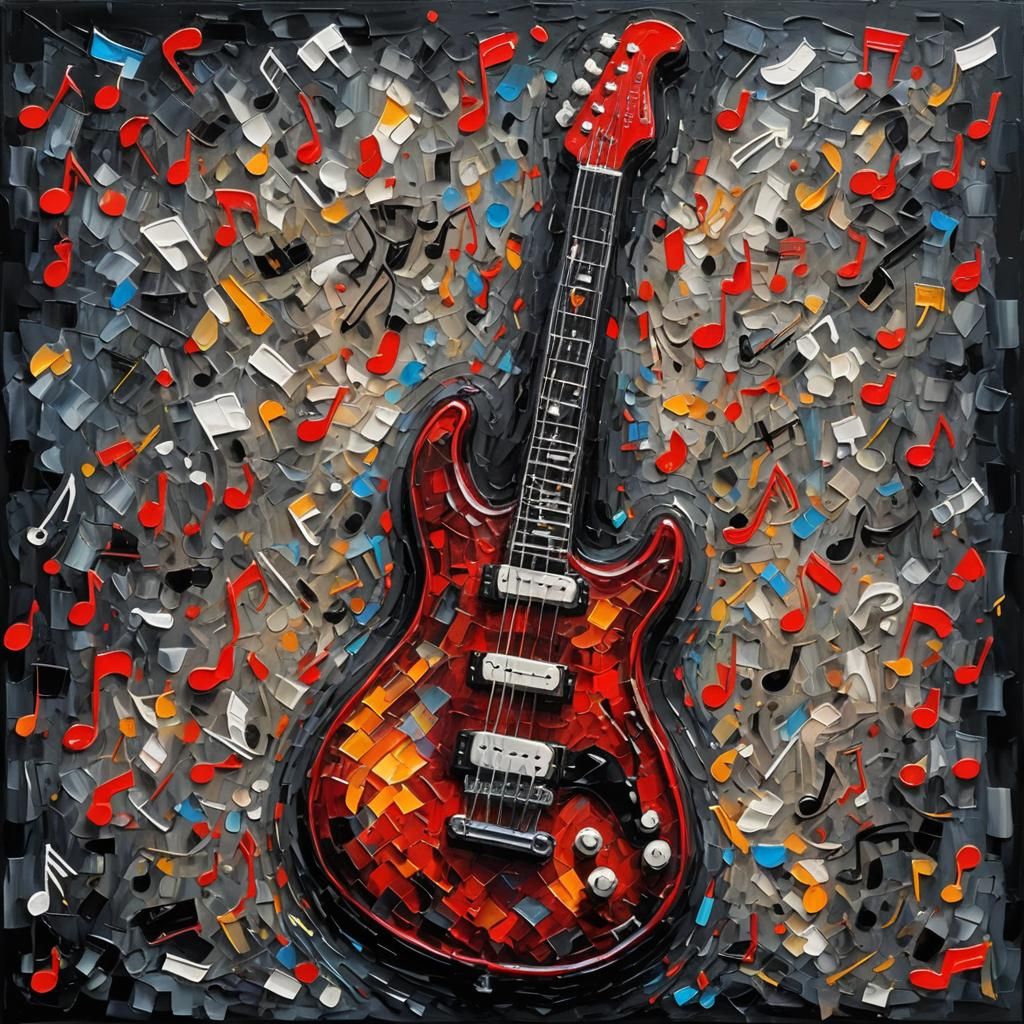 red music notes electric guitar abstract black background