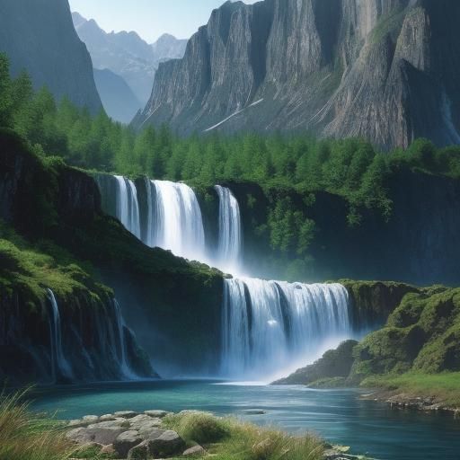Waterfall and mountains⥻⥼⦂