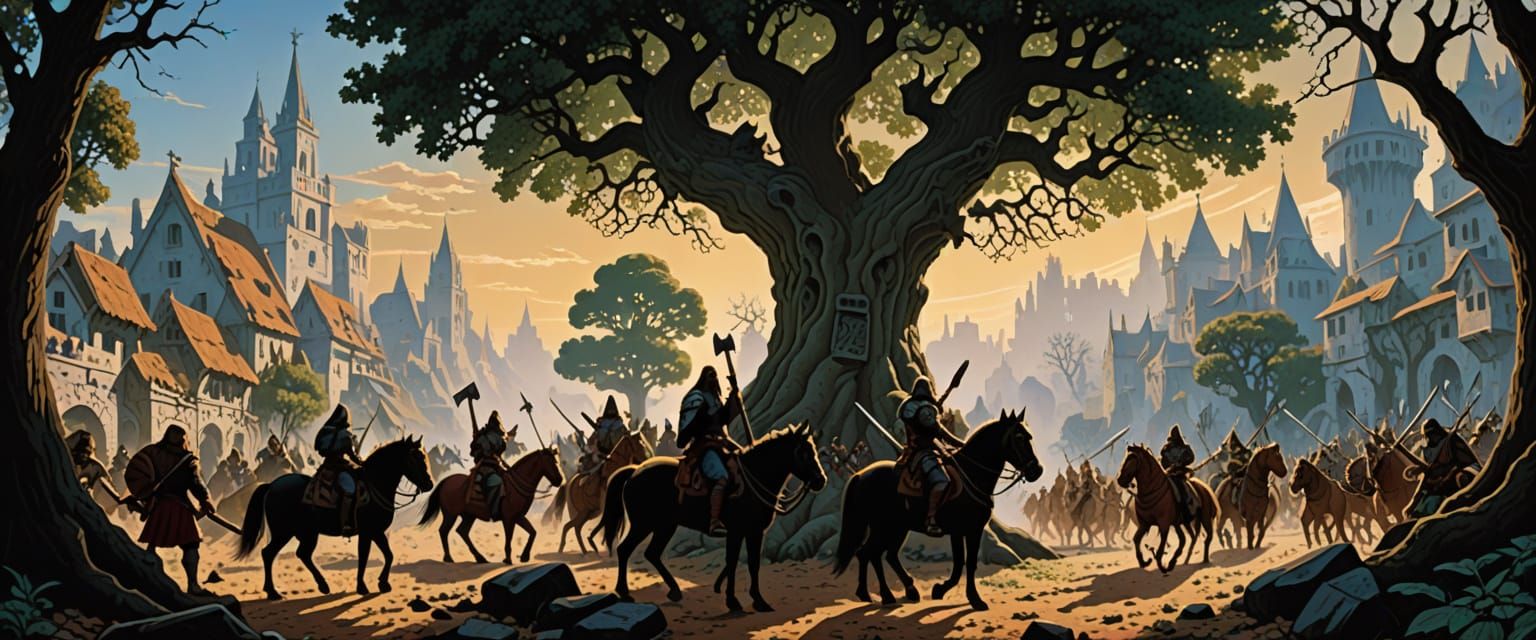 Underneath the Spreading Trees, Intricate Shadows On The Ground, A Fantasy Scene, The White City, A Stone Bridge, Dragons Fly, by Brothers H...