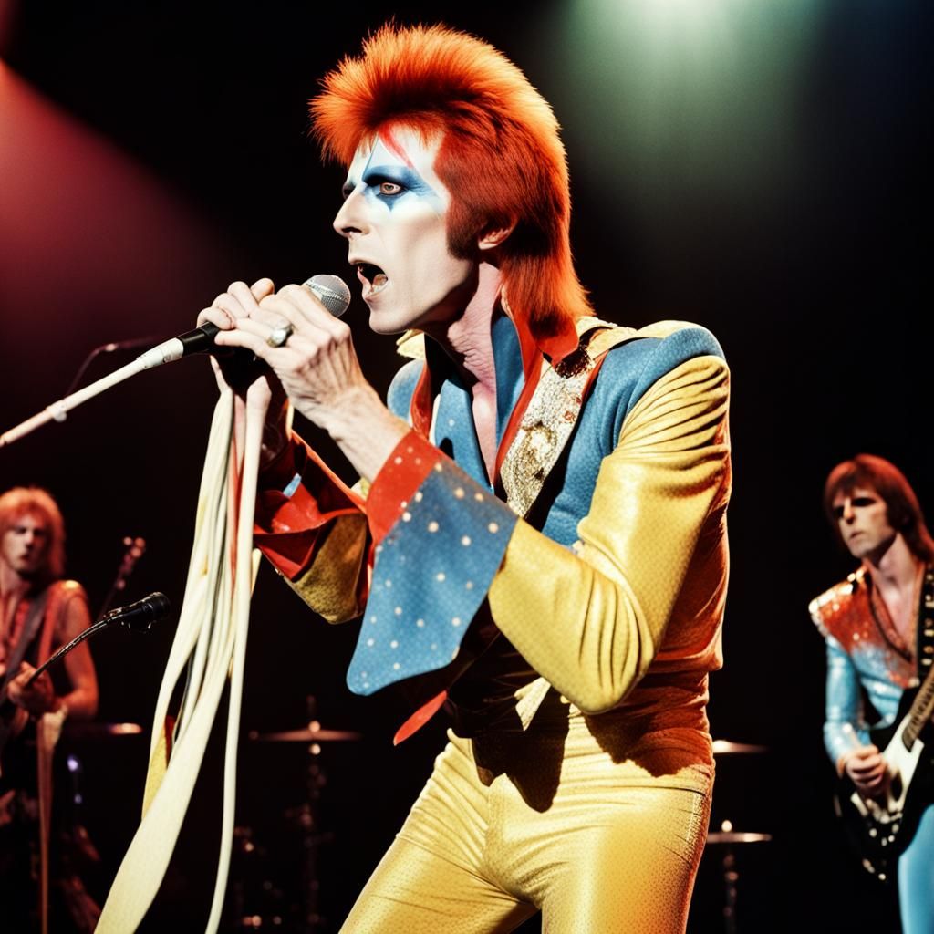Ziggy Stardust with lighting makeup and the Spiders from Mars rock band on stage performing live  by @E Philip Brown