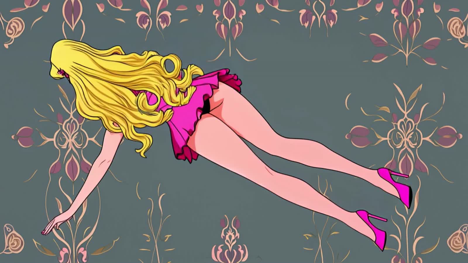 A man transforming into a stunning woman with long blonde hair, bangs, and elegant makeup, wearing a short pink miniskir...