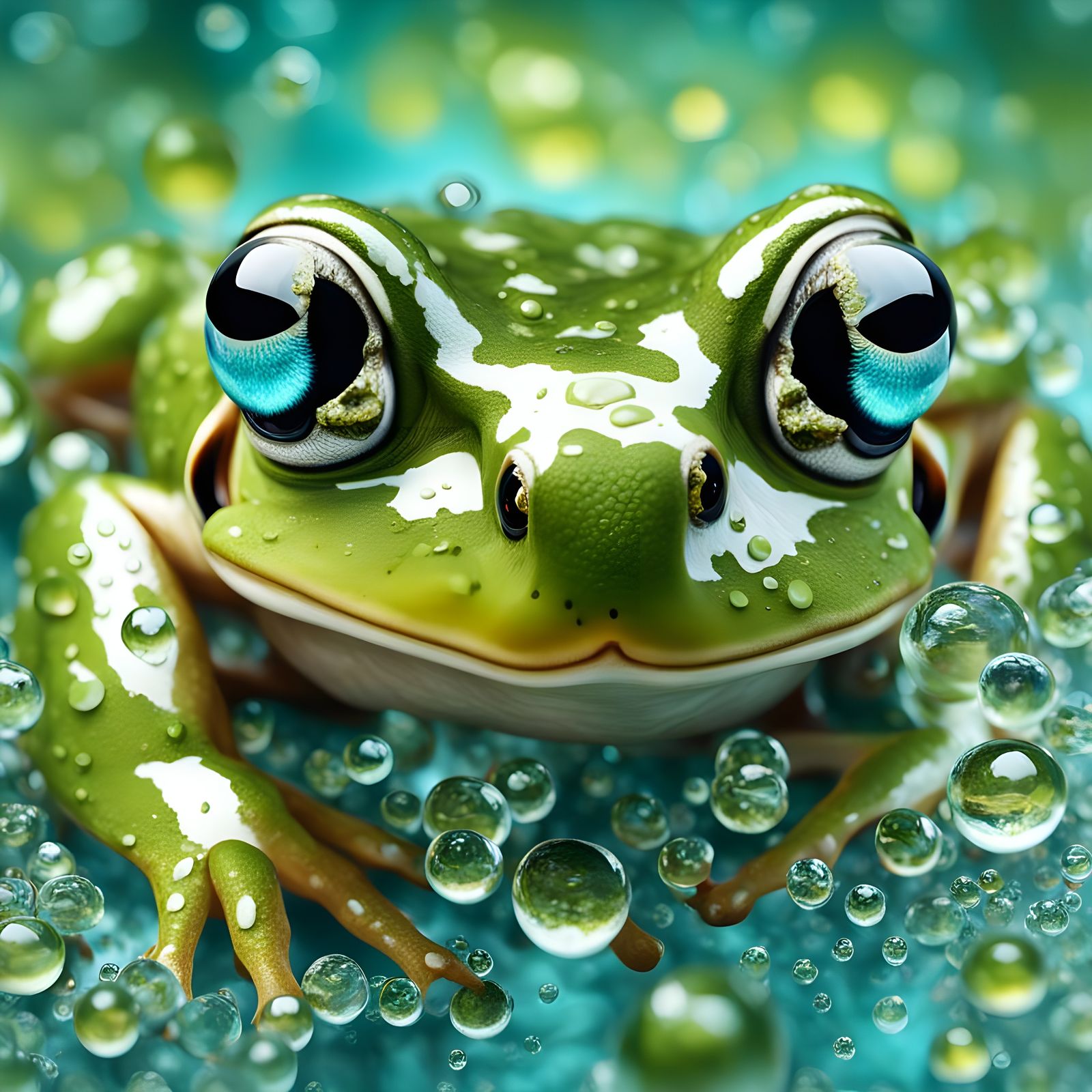 a magnified frog in a dewdrop, big turquoise eyes, 8k resolution, hyper real, intricate detailing, oil ...  by @Tabster